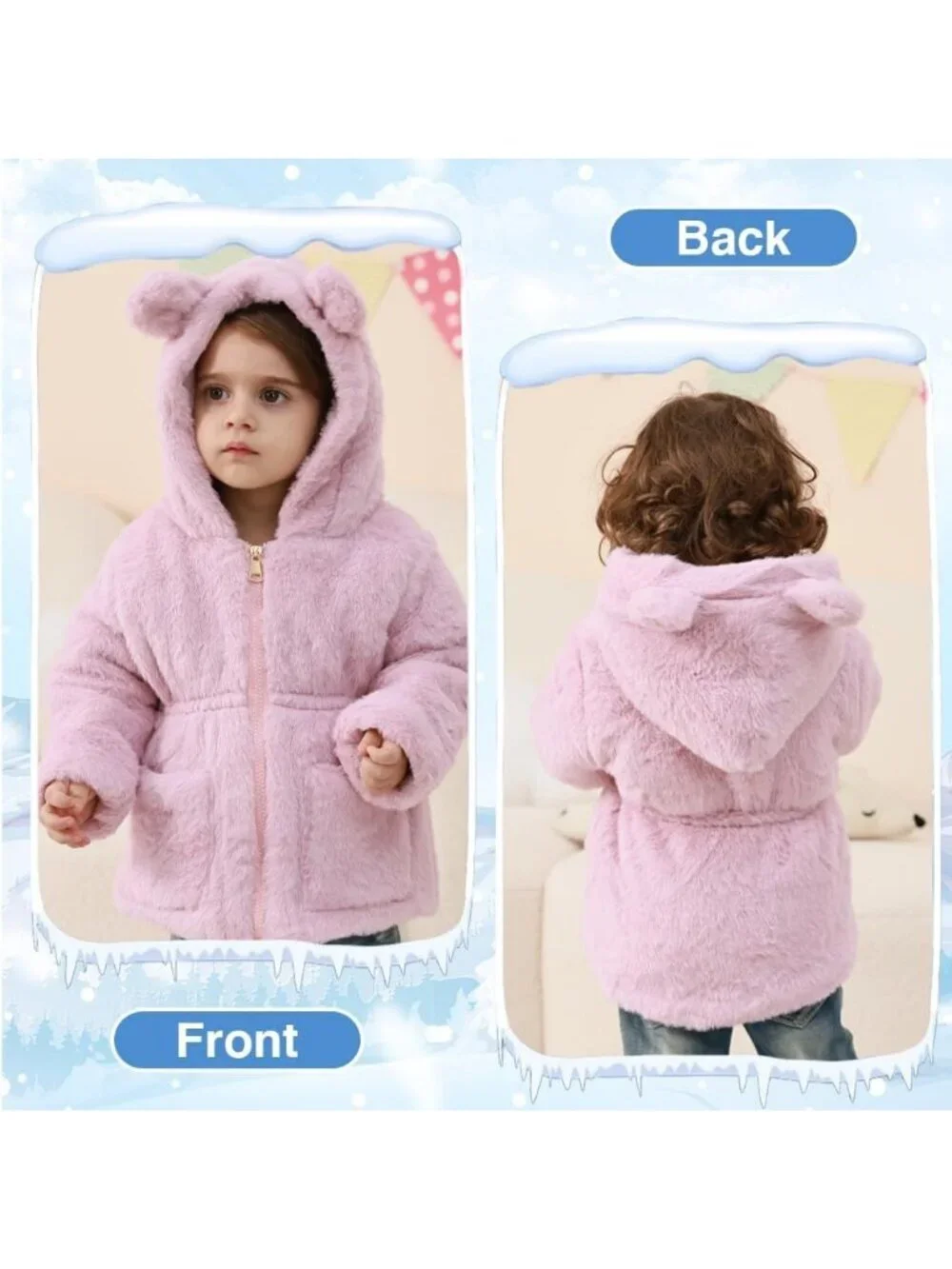 Kids Girls Pink Polyester Winter Warm Outwear Ear Hooded Faux Fur Thicken Fleece
